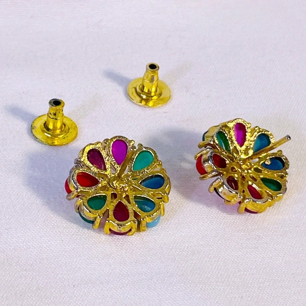 Vintage Multicolor Flower Stud Earrings Gold Tone Faux Pearl Jewel Tone‎ Floral